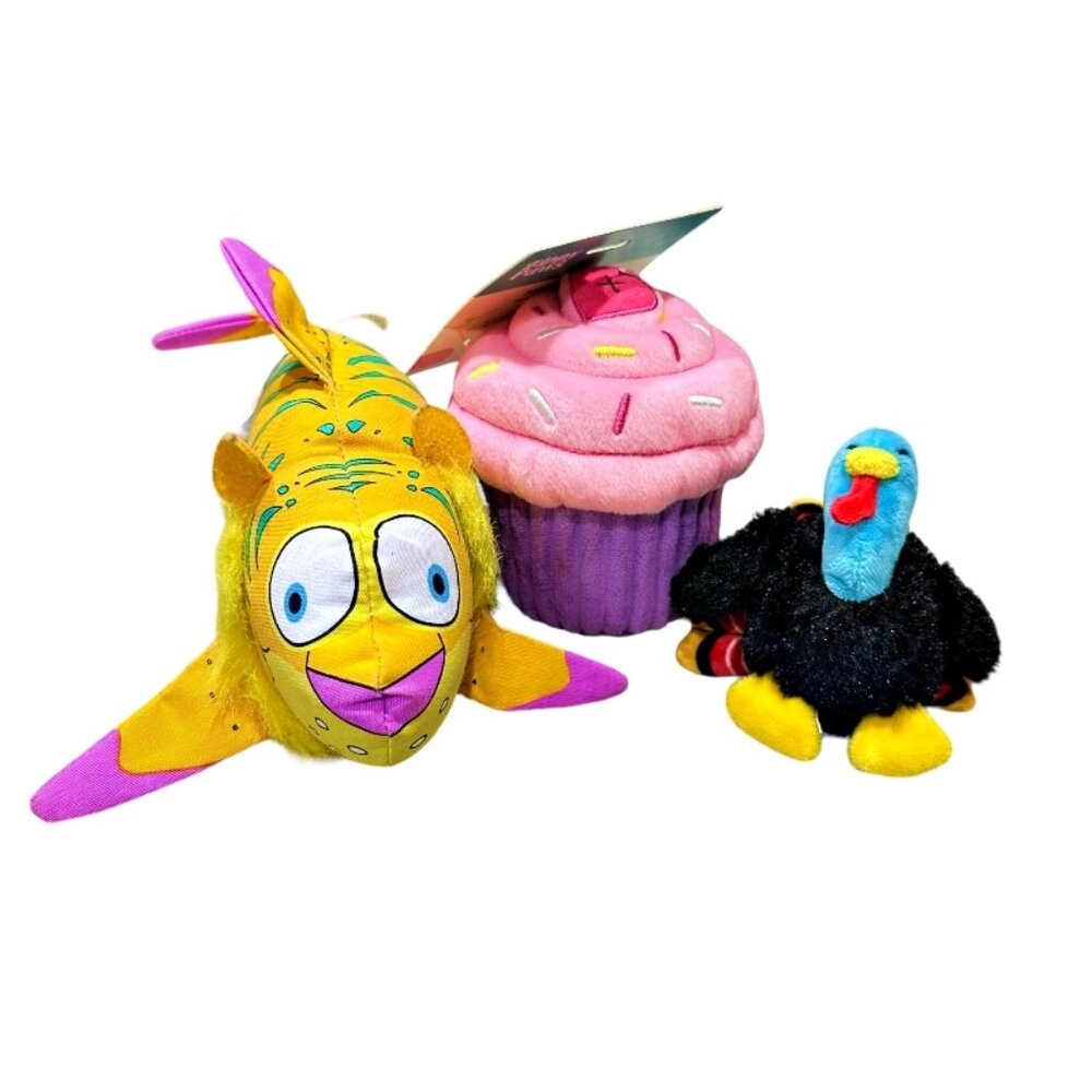 Lot of 3 Plush Dog Toys Bark Turkey Zippy Paws Cupcake PetMate Fish All Squeak